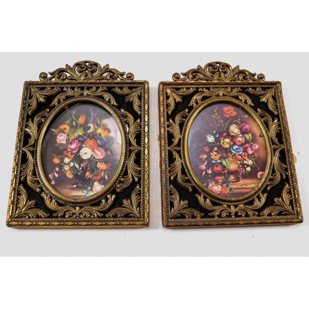 Pair of Vintage Ornate Brass Framed Floral Pictures Made In Italy Flocked 4x5.5
